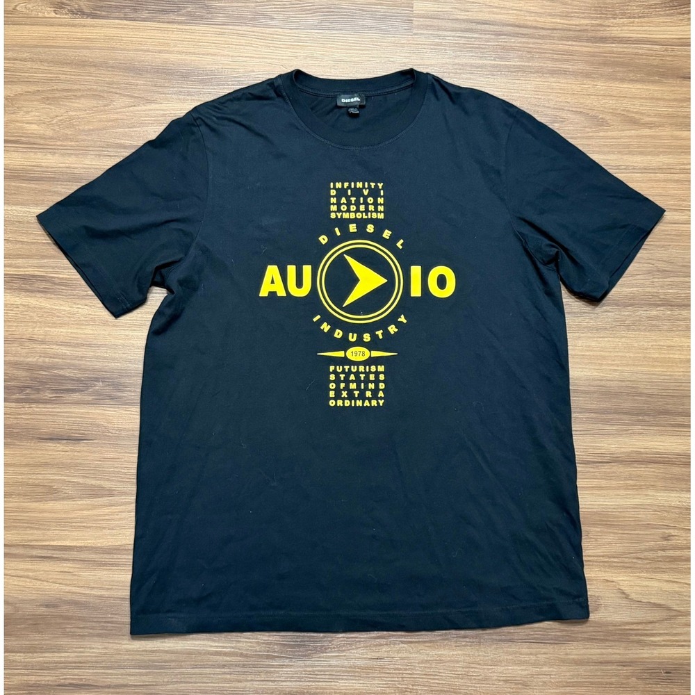 Diesel Industry Audio Graphic T-Shirt Mens Black Yellow Cotton Tee Sz L